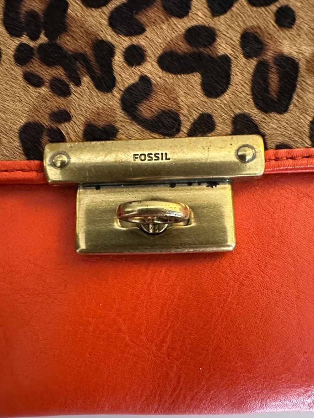 Fossil Leather‎ Orange Leopard Print Wristlet  Clutch Purse